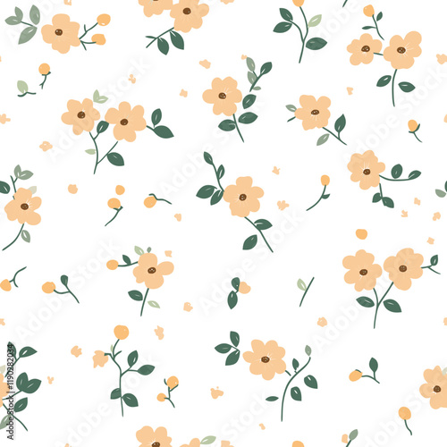Seamless Peach Floral Pattern with Delicate Green Leaves