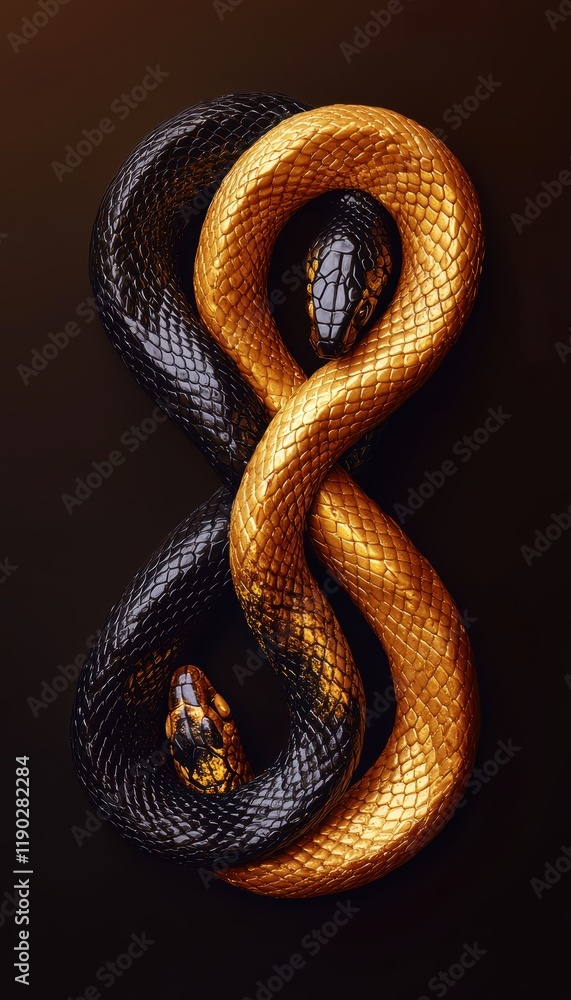Fototapeta premium Duality of Snakes: Golden and Black Serpents Intertwined in Symbolic Eternal Struggle