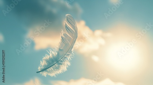 A single feather drifting downward, frozen in motion against a bright backdrop. The serene composition captures a fleeting cinematic moment.