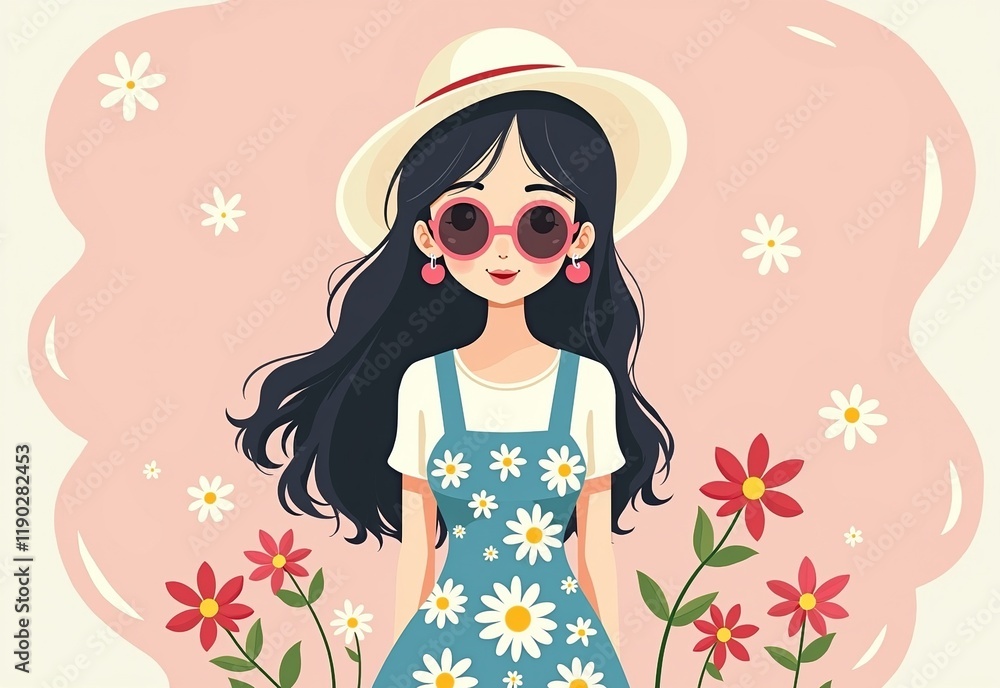 Retro Style Asian Woman Illustration with Sunglasses, White Hat, Blue Daisy Print Dress, Cherry Earrings, Pastel Pink Background, Minimalistic Design
Retro Style Asian Woman Illustration with Sunglasses, White Hat, Blue Daisy Print Dress, Cherry Earrings, Pastel Pink Background, Minimalistic Design