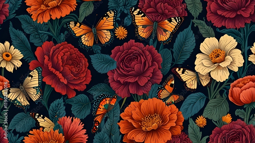 Seamless vector pattern with Victorian bouquet and butterflies. Garden flowers. Colorful Generative AI Seamless vector pattern with Victorian bouquet and butterflies. Garden flowers. Colorful Generative AI