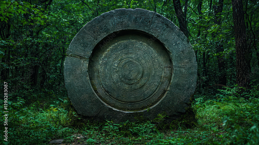 Colossal Stone Wheel Embedded in Lush Green Forest Surrounded by Nature Colossal Stone Wheel Embedded in Lush Green Forest Surrounded by Nature
