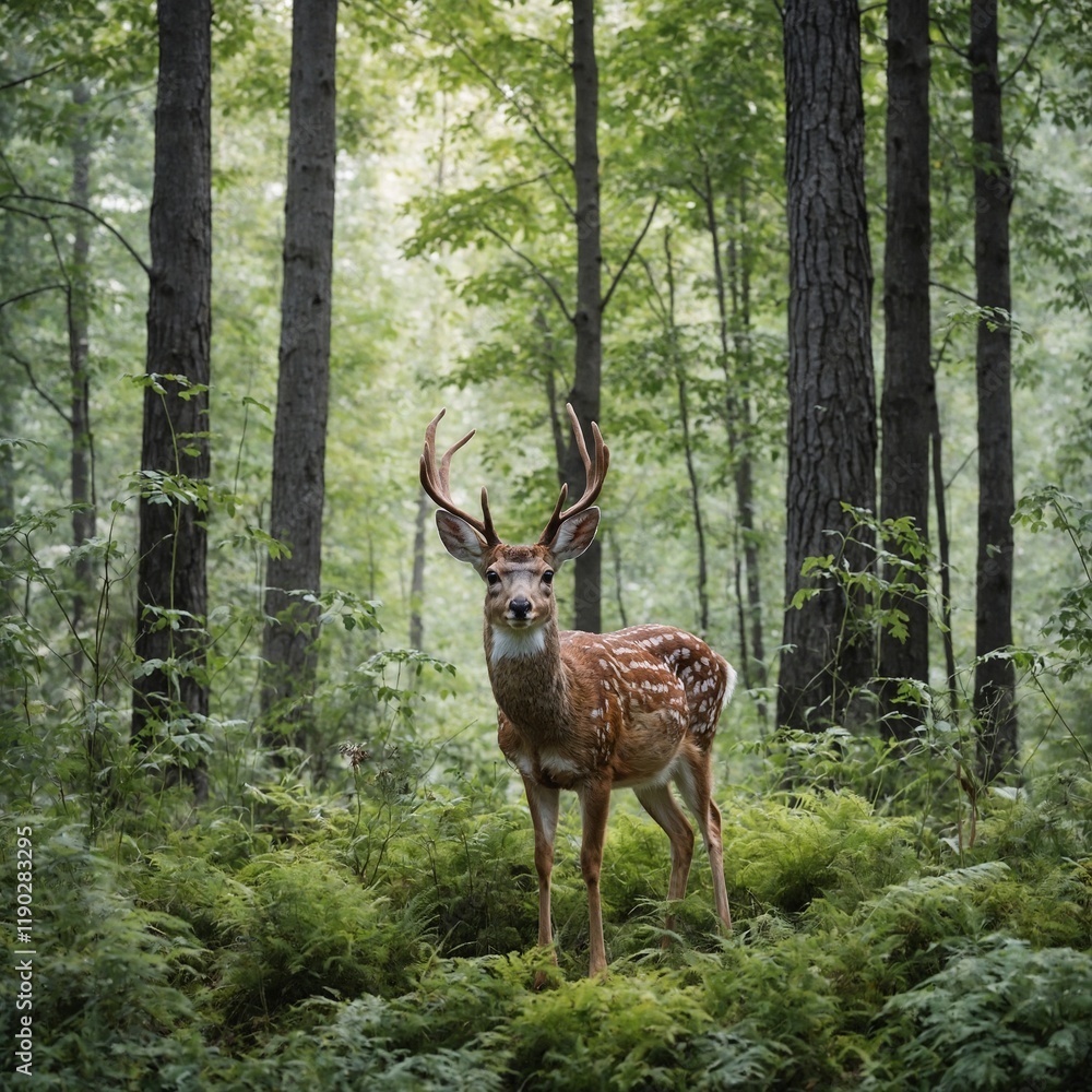 Obraz premium Set of wild watercolor forest animals. Green trees and plants. Woodland animals. Deer, owl, hare, squirrel.