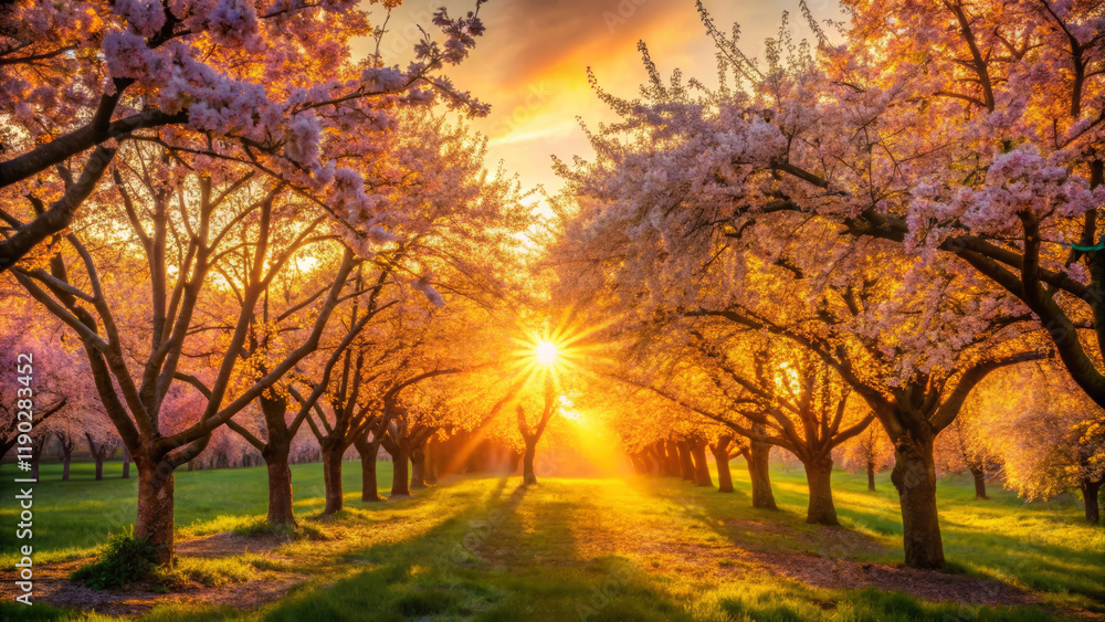 Fototapeta premium vibrant seasonal still life featuring blossoming trees bathed in sunlight