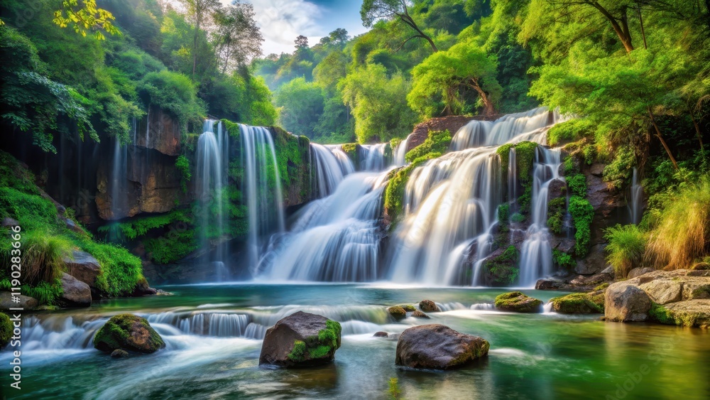 A serene waterfall cascading into a foamy river surrounded by lush greenery and rocky outcrops , scenery, outdoors, scenery A serene waterfall cascading into a foamy river surrounded by lush greenery and rocky outcrops , scenery, outdoors, scenery