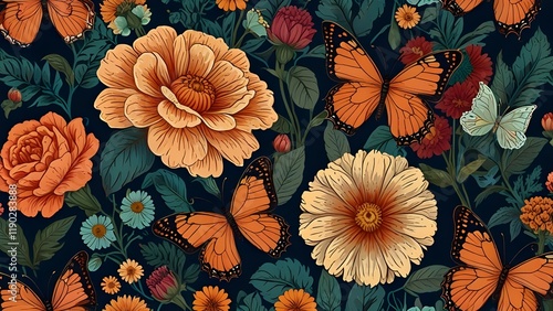 Wallpaper Mural Seamless vector pattern with Victorian bouquet and butterflies. Garden flowers. Colorful Generative AI Torontodigital.ca