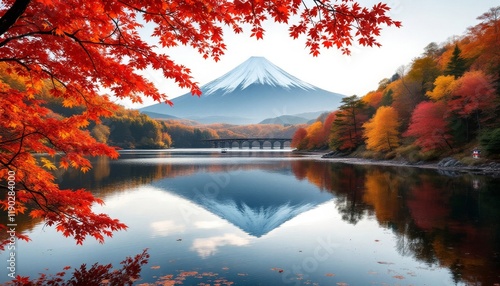 Stunning Autumn Landscape with Mount Fuji Reflected on a Lake