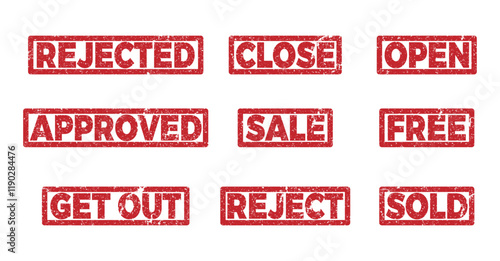 Grunge rubber stamp icon set for element design. Reject, rejected, close, open, approved, sale, sold, free, get out. Vector illustrator saved in EPS 10 and fully editable
