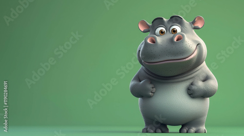 Cute Cartoonish Hippo Character with Charming Expression on Green Background photo