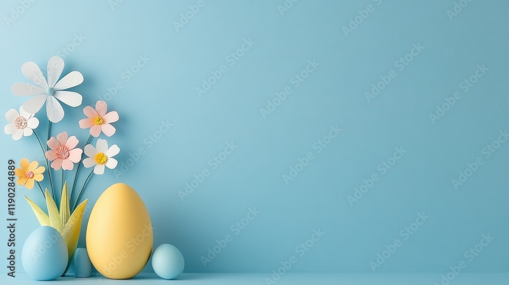 Fototapeta premium Colorful Easter Egg with Paper Flowers on Blue Background Banner