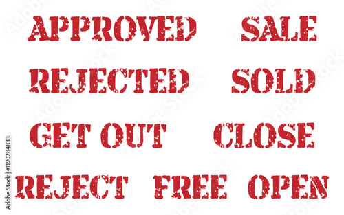 Grunge rubber stamp icon set for element design. Reject, rejected, close, open, approved, sale, sold, free, get out. Vector illustrator saved in EPS 10 and fully editable