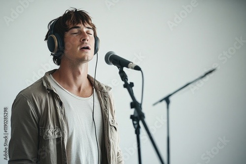 Passionate singer immersed in music, headphones on, performing w