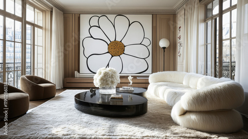 Modern Living Room with Daisy Art: A stylish and contemporary living room features a large abstract daisy artwork as a focal point, complemented by plush, cloud-like furniture and sleek.