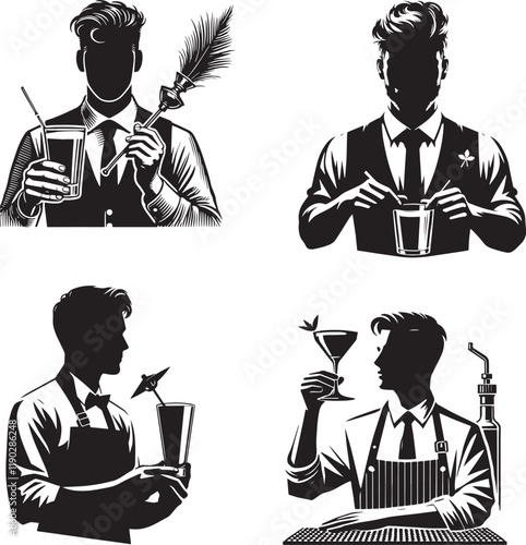 Bartenders black and white silhouette assets in vector farm 