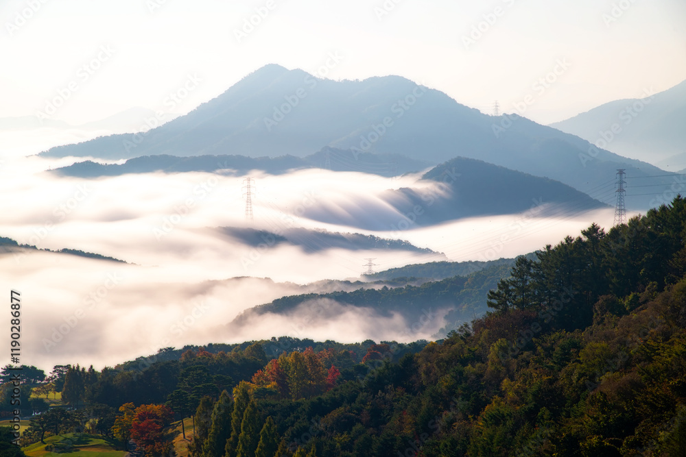 Sunrise and fog on Mountains at namyangju, in South Korea. Sunrise and fog on Mountains at namyangju, in South Korea.