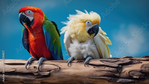 Bright blue and yellow macaw parrots, also known as blue and gold aras, are colorful tropical birds with powerful beaks and vibrant feathers photo