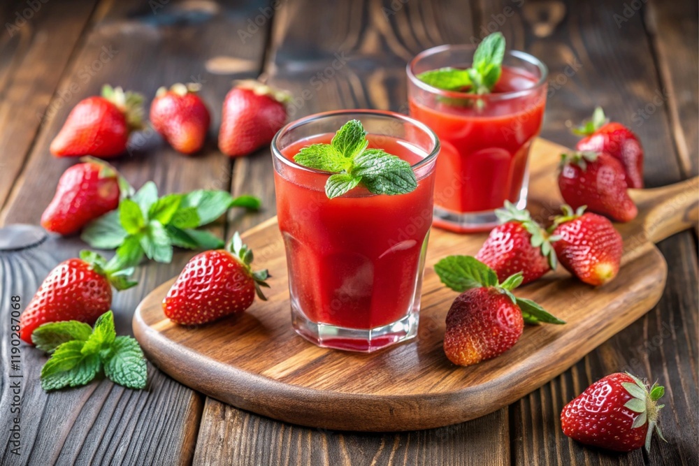 A glass of red juice is on a wooden cutting board with a bowl of strawberries ne A glass of red juice is on a wooden cutting board with a bowl of strawberries ne