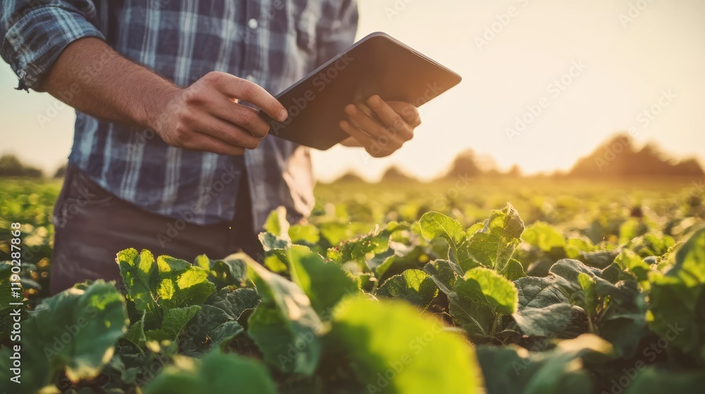 Farmer Using Tablet in Field at Sunset Farmer Using Tablet in Field at Sunset