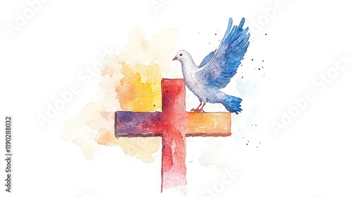 Watercolor Christian Cross and Dove of Peace Illustration