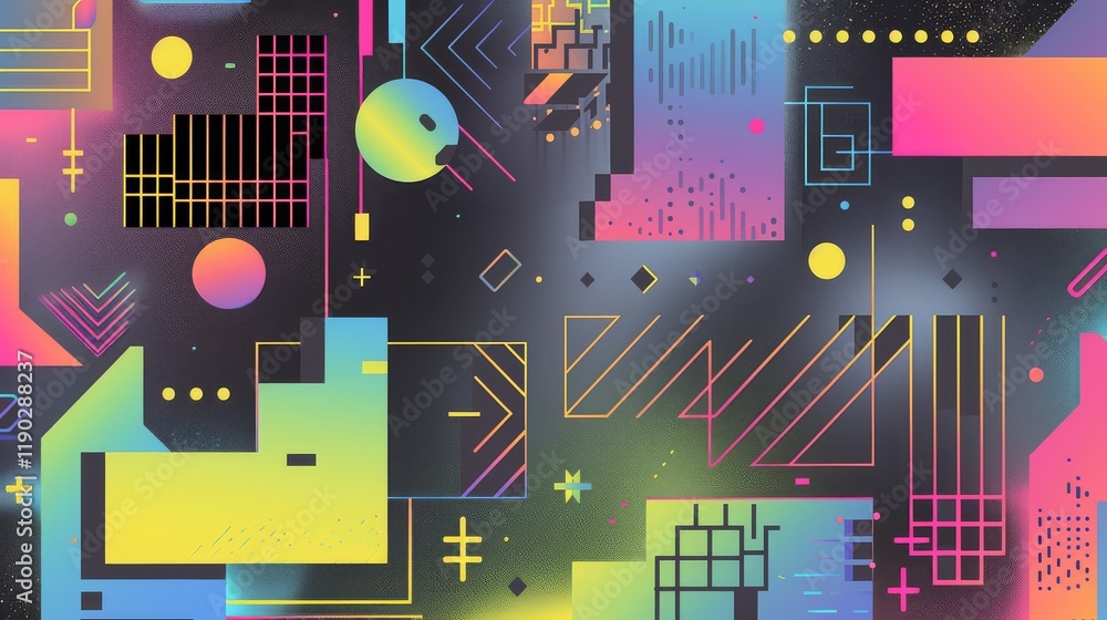 Vibrant Abstract Geometric Background with Neon Gradient Shapes and Lines Vibrant Abstract Geometric Background with Neon Gradient Shapes and Lines