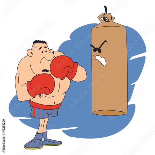 Funny afraid boxer with punching bag.