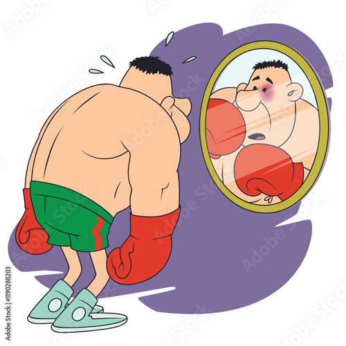 Funny boxer looks in mirror.