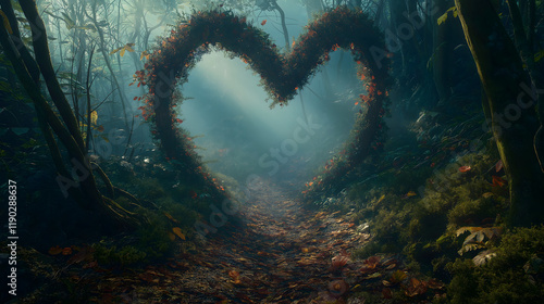 A magical heart-shaped archway covered in autumn leaves in a misty forest photo