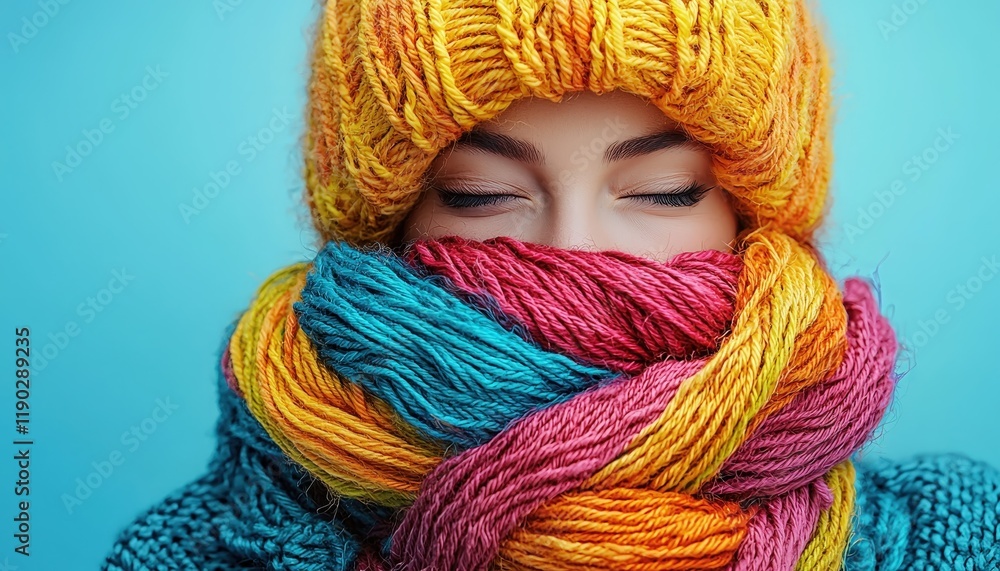 A person with closed eyes wears a vibrant yellow hat and a colorful scarf covering their face against a solid blue background, evoking a sense of warmth and coziness. A person with closed eyes wears a vibrant yellow hat and a colorful scarf covering their face against a solid blue background, evoking a sense of warmth and coziness.