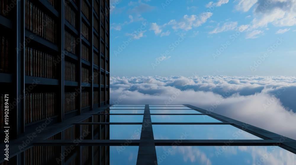 Fototapeta premium Futuristic Library Suspended in the Sky with Sleek Design and Serene Atmosphere