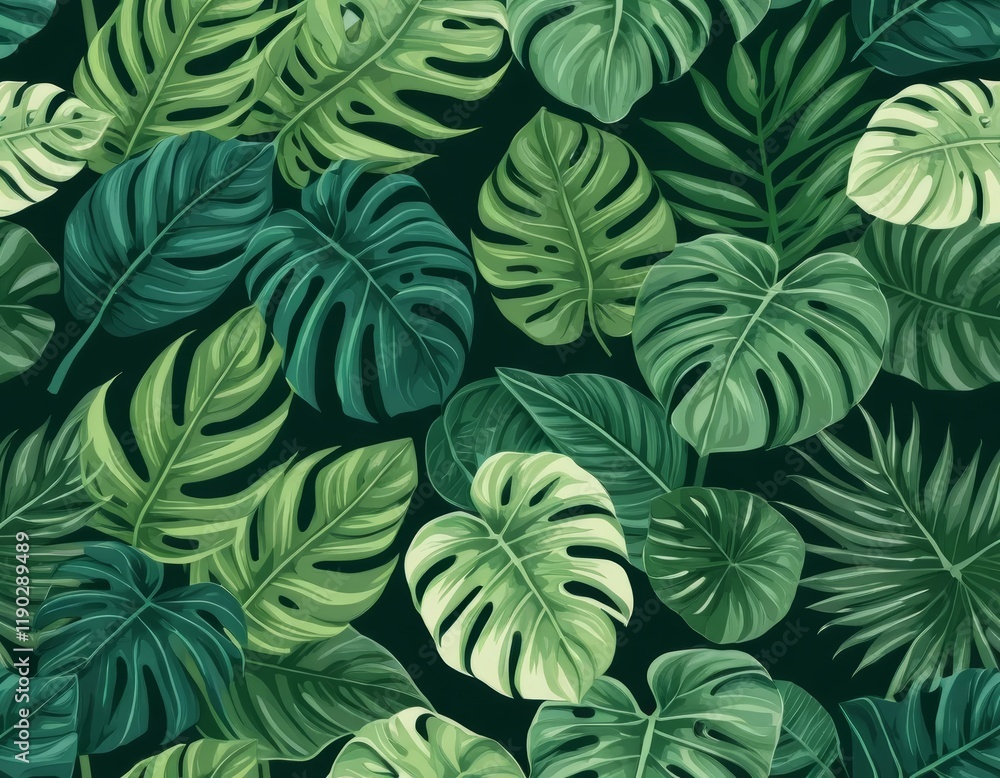 Fototapeta premium Lush Tropical Monstera Leaves Seamless Pattern: Vibrant Green Foliage Background for Textile, Wallpaper, and Design