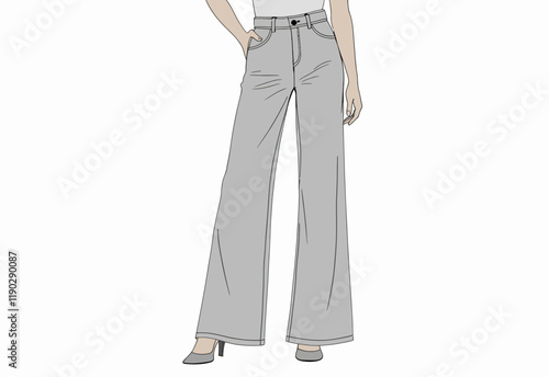 Fashion Woman Design Templates: Mid Rise, High Waist, Wide Leg Palazzo Jeans, Denim Pants, Trouser Flat Sketches, CAD Mockups, Technical Drawings for Fashion Designers