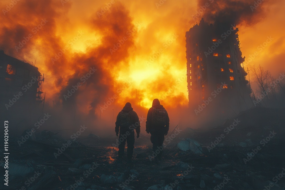 Fototapeta premium Two figures walk through a war-torn landscape engulfed in flames during a dramatic sunset in a damaged city