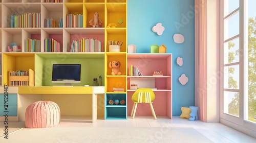 Interior of a children's room with a computer on the table, bookshelves with books and a window. 3d rendering. Colorfully decorated children's room, bright colors.