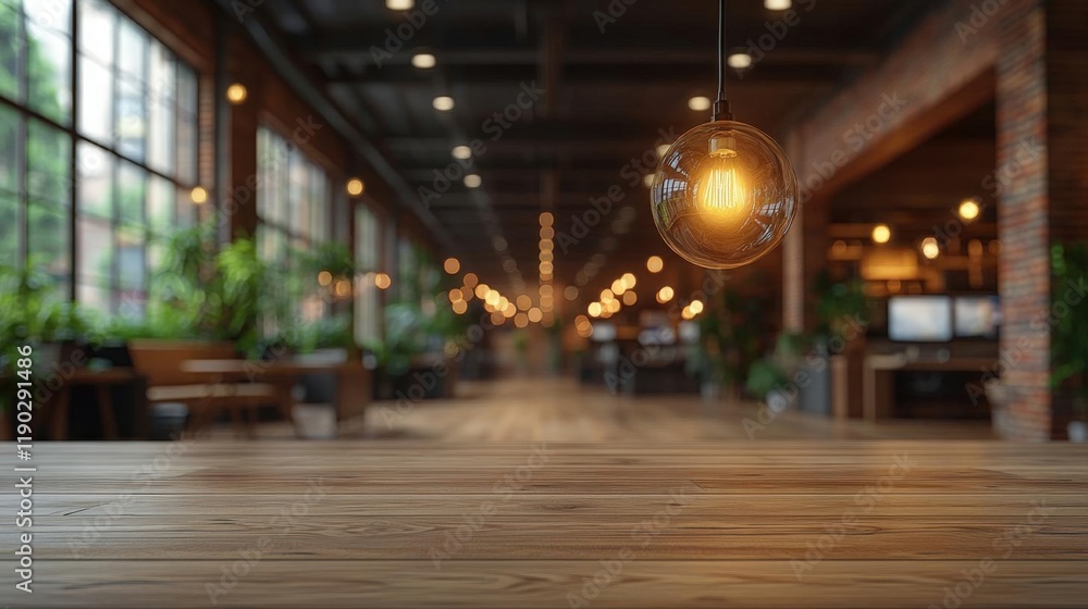 Rustic Wooden Table in a Modern Loft Office Interior with Warm Lighting and Greenery Rustic Wooden Table in a Modern Loft Office Interior with Warm Lighting and Greenery