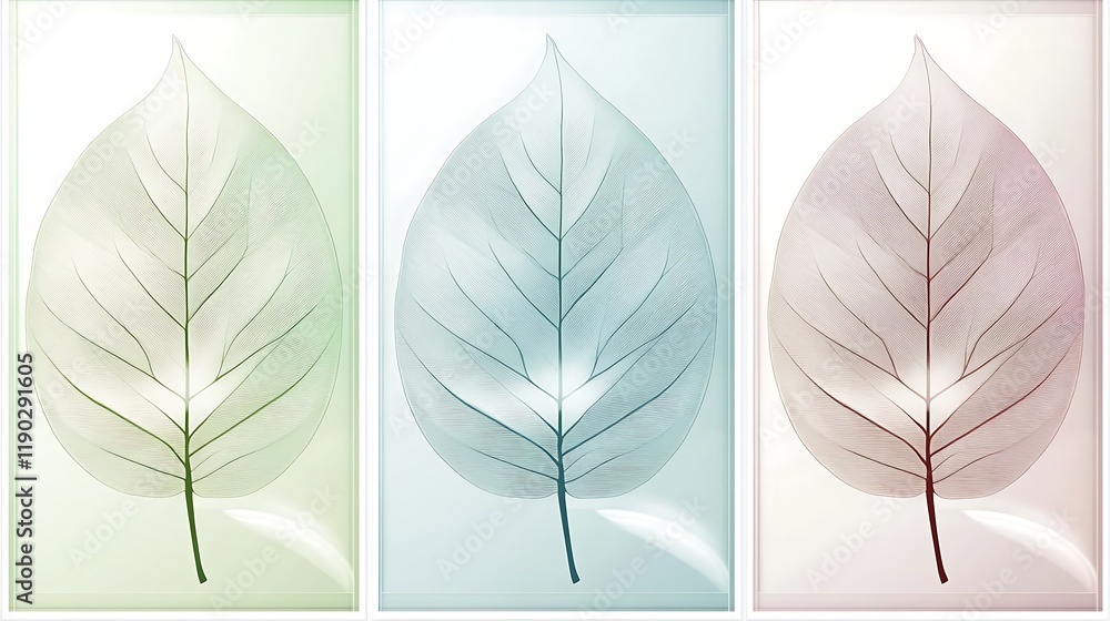 Obraz premium Three translucent leaves in green, blue, and red hues.