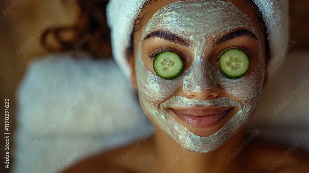 Woman with facial mask and cucumber slices on eyes Woman with facial mask and cucumber slices on eyes
