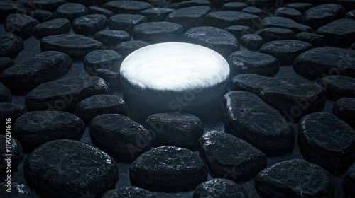 Hidden Valley with Smooth Ground Surrounded by Dark Pebbles in Dramatic Lighting photo