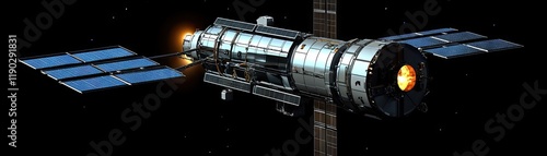 Spacecraft with Solar Panels Orbiting in Space Against a Starry Background photo