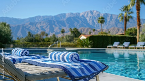 A bold blue and white striped pool towel is draped over a lounge chair, with a sparkling pool and a breathtaking mountain range in the background