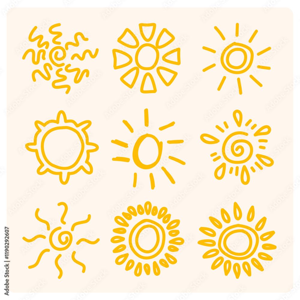 Hand drawn sun icon set with background cream Hand drawn sun icon set with background cream