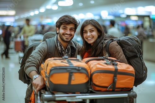 Smiling Indian Travelers with Luggage at Airport  