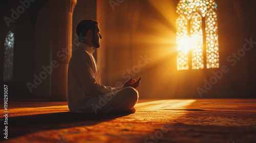 Muslim man praying in a sunlit mosque with golden rays streaming through photo