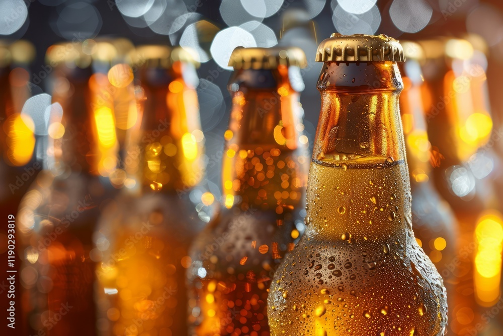 Fototapeta premium Cold beer bottle with drops, frost glass of light beer. High quality photo