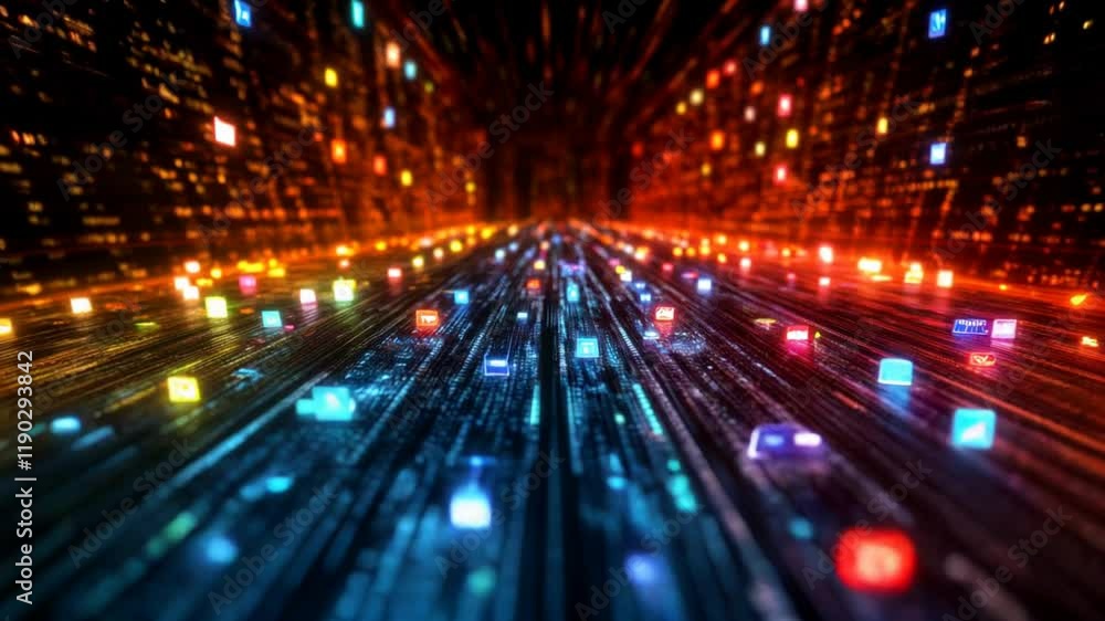 Abstract Digital Landscape with Colorful Icons and Lights Abstract Digital Landscape with Colorful Icons and Lights