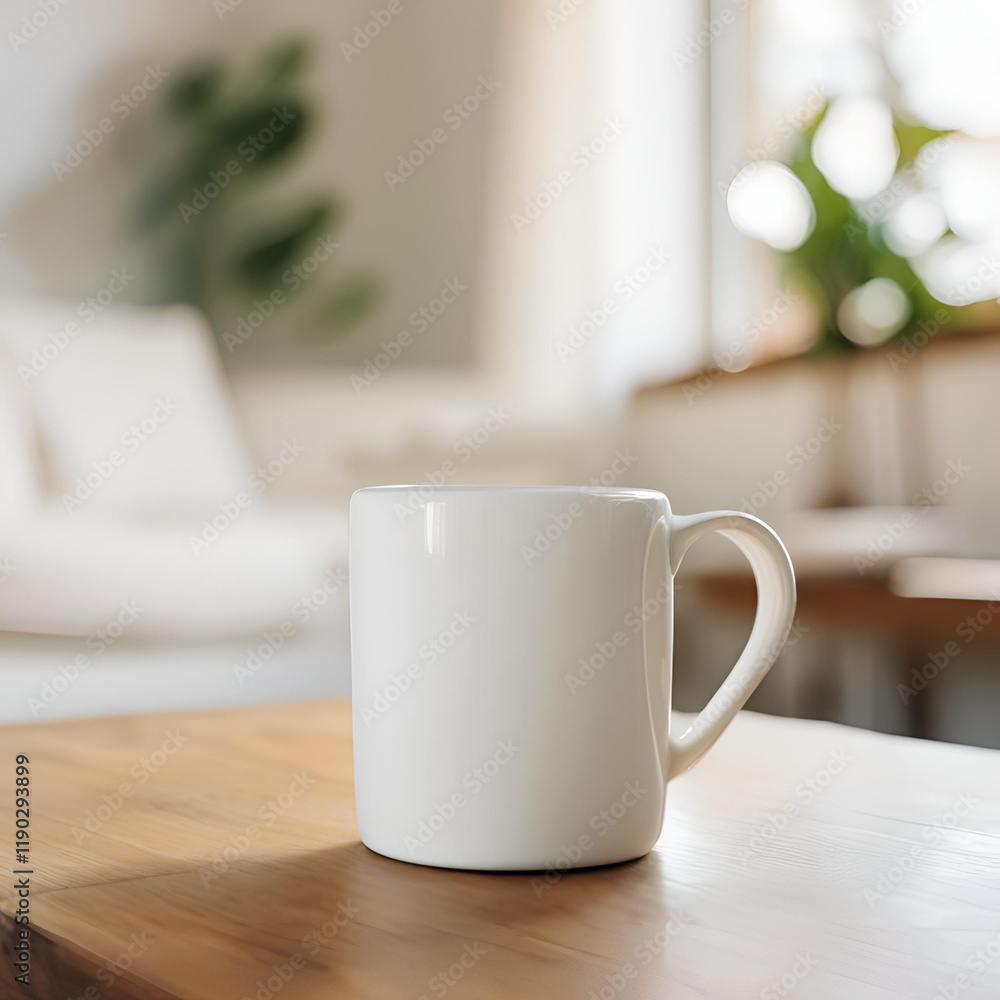 Obraz premium Blank white mug close up mockup on blur living room background.
