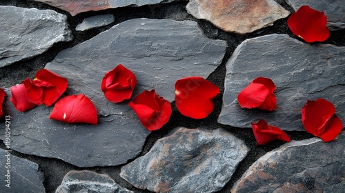 Scattered Red Rose Petals on Dark Grey Stone Pathway Background