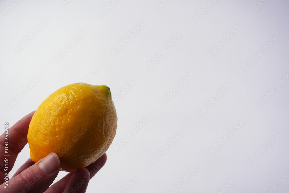 Close-up of a person holding a fresh yellow lemon against a minimalist white background, highlighting simplicity and freshness. Close-up of a person holding a fresh yellow lemon against a minimalist white background, highlighting simplicity and freshness.
