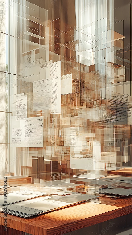 Abstract Library Exhibit: A close-up abstract view of a library exhibit, featuring a layered display of glass, wood, and text. Abstract Library Exhibit: A close-up abstract view of a library exhibit, featuring a layered display of glass, wood, and text.