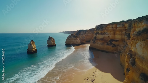 Dramatic seascape of waves, beach, and cliffs suitable for travel brochures, nature blogs, or coastalthemed designs. photo