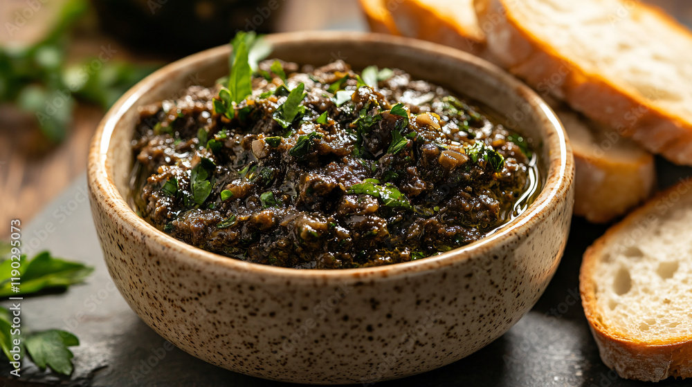 A bowl of garlic and olive tapenade served with fresh bread slices. A bowl of garlic and olive tapenade served with fresh bread slices.